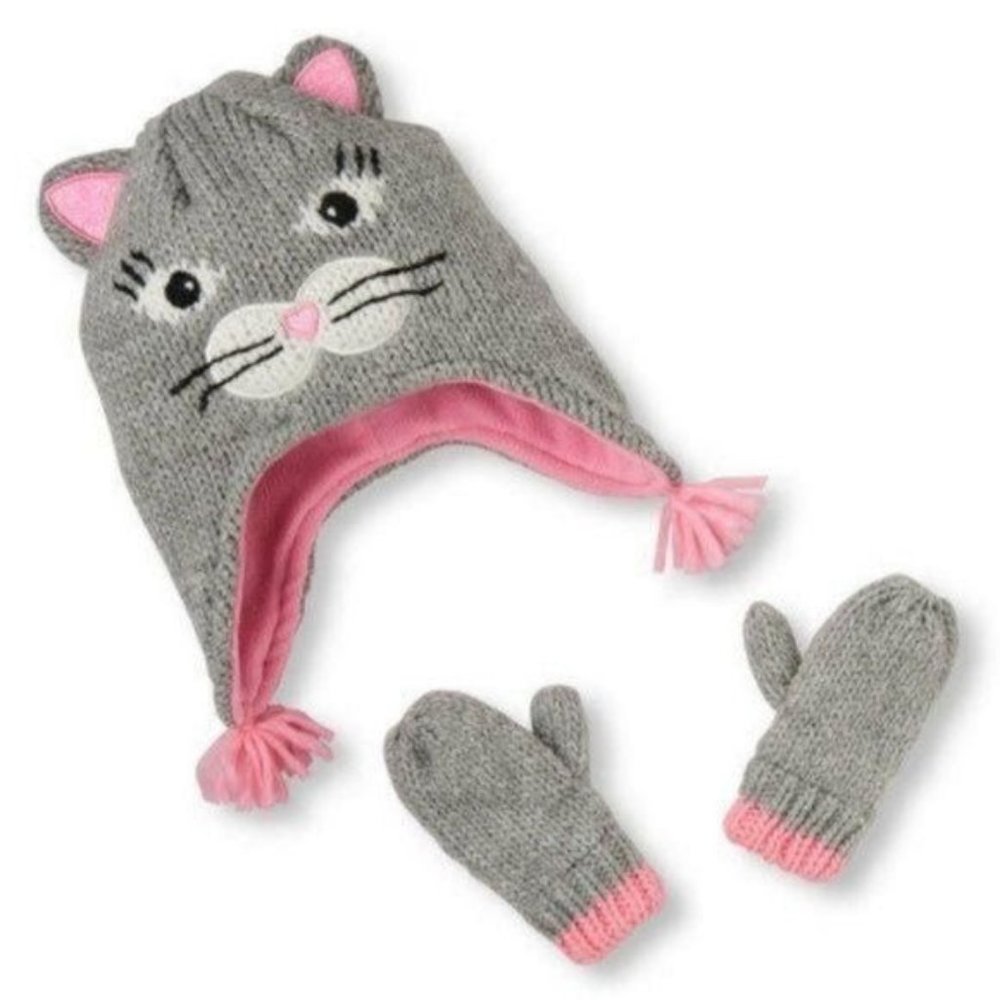Girls Shimmer Kitty Hat And Mittens Set